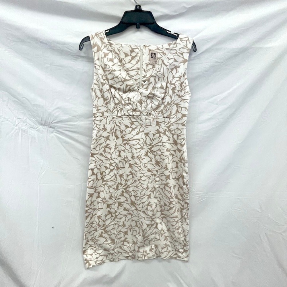 Anne Klein Womens Tan White Floral Sleeveless V-Neck‎ Sheath Dress Size 8